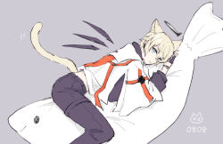 Rule 34 | 1boy, animal-shaped pillow, animal ear fluff, animal ears, arknights, black gloves, black pants, black shirt, blonde hair, blue eyes, cat boy, cat ears, cat tail, commentary request, dated, earpiece, executor (arknights), feet out of frame, fingerless gloves, fish, frown, gloves, halo, hugging object, jacket, looking at viewer, male focus, pants, pillow, pillow hug, shirt, sketch, solo, soppos, tail, white jacket, wings