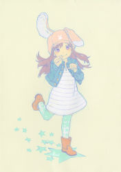 Rule 34 | 1girl, animal ears, animal hat, ankle boots, aqua thighhighs, artist name, blush, boots, brown footwear, brown hair, buttons, cabbie hat, dress, hat, horizontal-striped dress, jacket, leg up, long hair, long sleeves, looking at viewer, open clothes, open jacket, original, paw pose, purple dress, purple eyes, rabbit, rabbit ears, rabbit hat, simple background, smile, solo, standing, standing on one leg, star (symbol), striped clothes, striped dress, tanaka kunihiko, thighhighs, yellow background, zettai ryouiki