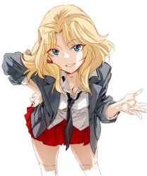 Rule 34 | 10s, 1girl, bent over, black necktie, blonde hair, blue eyes, breasts, cleavage, collared shirt, cropped legs, girls und panzer, grey jacket, hand on own hip, ikuhana niiro, jacket, kay (girls und panzer), leaning forward, long hair, long sleeves, looking at viewer, miniskirt, necktie, open clothes, open jacket, parted bangs, parted lips, pleated skirt, red skirt, shirt, simple background, skirt, sleeves rolled up, smile, solo, thighhighs, white background, white shirt
