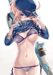 Rule 34 | 1girl, adjusting clothes, ahoge, artoria pendragon (fate), baseball cap, bikini, blonde hair, blue eyes, breasts, fate/grand order, fate (series), hair through headwear, hat, highres, lance, large breasts, mysterious heroine x (fate), mysterious heroine xx (fate), navel, polearm, ponytail, shino (eefy), shrug (clothing), simple background, solo, swimsuit, twinmyniad (fate), weapon, white background