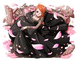 Rule 34 | 1girl, ;), ahoge, black dress, bodskih, bracelet, breasts, choker, cleavage, collarbone, dress, from above, jewelry, large breasts, long dress, looking at viewer, nami (one piece), one eye closed, one piece, one piece treasure cruise, orange hair, petals, see-through, short hair, skirt hold, smile, solo, standing, transparent background