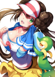 Rule 34 | 1girl, black pantyhose, bottle, breasts, brown hair, cleavage, clip studio paint (medium), commentary request, creatures (company), double bun, game freak, gen 5 pokemon, green eyes, hair bun, highres, holding, holding towel, large breasts, long hair, looking at viewer, nintendo, one eye closed, pantyhose, photoshop (medium), pokemon, pokemon (creature), pokemon bw2, rosa (pokemon), shirt, shorts, simple background, smile, snivy, tamiya akito, towel, twintails, very long hair, visor cap, water bottle, white background, white headwear, white shirt, wiping sweat, yellow shorts