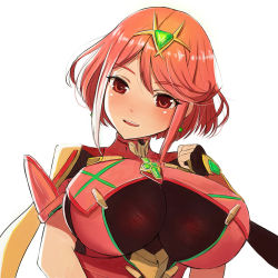 Rule 34 | 1girl, :d, bad id, bad pixiv id, blush, breasts, earrings, fingerless gloves, gloves, half-closed eyes, jewelry, kannko bokujou, large breasts, looking to the side, nintendo, open mouth, pyra (xenoblade), red eyes, red hair, short hair, smile, solo, swept bangs, tiara, upper body, xenoblade chronicles (series), xenoblade chronicles 2