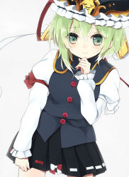 Rule 34 | 1girl, buttons, female focus, frills, green eyes, green hair, hand on own chin, hat, long sleeves, matching hair/eyes, puffy sleeves, purin jiisan, ribbon, shiki eiki, short hair, simple background, skirt, skirt grab, smile, solo, stroking own chin, touhou, white background