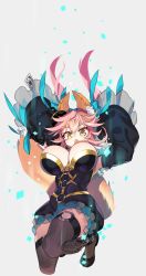 Rule 34 | 1girl, animal ear fluff, animal ears, aqua bow, aqua ribbon, arms up, artist logo, artist name, black dress, black hat, black thighhighs, bow, breasts, cleavage, commentary request, detached sleeves, dress, fate/extra, fate/extra ccc, fate (series), fox ears, fox girl, fox tail, frilled dress, frilled sleeves, frills, from above, full body, goth fashion, hair between eyes, hair bow, hair ribbon, hat, highres, large breasts, long hair, long sleeves, looking at viewer, looking down, mini hat, negi (ulog&#039;be), official alternate costume, open mouth, pink hair, ribbon, sidelocks, signature, simple background, solo, split ponytail, tail, talisman, tamamo (fate), tamamo no mae (fate/extra), tamamo no mae (sable mage) (fate), thighhighs, v-shaped eyebrows, white background, wide sleeves, yellow eyes