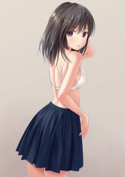 Rule 34 | 1girl, arm up, bare arms, bare shoulders, blue skirt, blush, bra, breasts, brown background, brown eyes, brown hair, cowboy shot, from side, hair between eyes, hair ornament, hairclip, highres, looking at viewer, looking back, n.g., no shirt, original, parted lips, pleated skirt, simple background, skirt, small breasts, solo, underwear, white bra