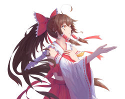 Rule 34 | 1girl, bare shoulders, bow, brown eyes, brown hair, closed mouth, hair bow, hakurei reimu, highres, japanese clothes, long hair, miko, ponytail, red shirt, red skirt, sailor collar, shirt, simple background, skirt, solo, touhou, very long hair, white background, white sleeves, yang zheng yu