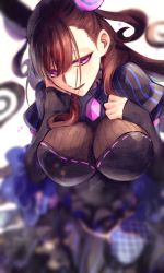 Rule 34 | 1girl, black dress, breasts, brown hair, commentary request, cone hair bun, dress, fate/grand order, fate (series), gem, hair bun, hair ornament, hand on own face, large breasts, long hair, looking at viewer, murasaki shikibu (fate), open mouth, pink eyes, purple eyes, sleeves past wrists, solo, soraao0322, very long hair