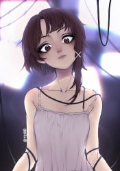 Rule 34 | 1girl, asymmetrical hair, blurry, blurry background, blush, brown eyes, brown hair, camisole, collarbone, expressionless, highres, iwakura lain, serial experiments lain, short hair, solo, teyoid, twitter username, upper body, white camisole, wire