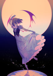 Rule 34 | 1girl, alternate costume, barefoot, bat wings, brooch, clothes lift, corset, dress, dress lift, full body, full moon, gloves, hair between eyes, half-closed eyes, jewelry, lifted by self, moon, night, night sky, puffy short sleeves, puffy sleeves, red eyes, remilia scarlet, sharp toenails, short hair, short sleeves, sky, solo, toenails, touhou, water, white dress, white gloves, wings, yamakawa