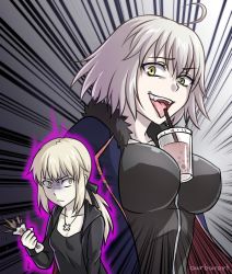 Rule 34 | 2girls, ahoge, artist name, artoria pendragon (all), artoria pendragon (fate), blonde hair, breast envy, bubble tea challenge, burbur, cup, fate (series), fur trim, jacket, jeanne d&#039;arc (fate), jeanne d&#039;arc alter (fate), jeanne d&#039;arc alter (ver. shinjuku 1999) (fate), multiple girls, official alternate costume, open mouth, saber alter, saber alter (ver. shinjuku 1999) (fate), short hair, simple background, tongue, tongue out, white hair, yellow eyes