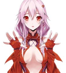 Rule 34 | 1girl, \||/, bare shoulders, breasts, center opening, commentary, elbow gloves, fingerless gloves, gloves, guilty crown, hair ornament, hairclip, long hair, looking at viewer, open mouth, pink hair, red eyes, simple background, solo, twintails, white background, yuzuriha inori