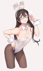 Rule 34 | &gt;:), 1girl, alternate costume, animal ears, black-framed eyewear, black hair, black pantyhose, bunny day, closed mouth, cropped legs, detached collar, fake animal ears, fake tail, glasses, green eyes, grey background, hair between eyes, highres, kantai collection, leotard, long hair, ooyodo (kancolle), pantyhose, playboy bunny, rabbit ears, rabbit tail, simple background, smile, solo, tail, v-shaped eyebrows, white leotard, wrist cuffs, yuuji (and)
