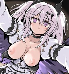 Rule 34 | 1girl, azur lane, blush, breasts, breasts out, fleur-de-lis, hair ornament, joffre (azur lane), long hair, looking at viewer, no bra, open mouth, outstretched arms, pink eyes, pink hair, reaching, reaching towards viewer, sagging breasts, solo, tsuzuri (tuzuri), twintails, upper body