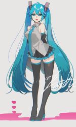 Rule 34 | 1girl, aqua necktie, arms behind back, bare shoulders, black skirt, black thighhighs, blue eyes, blue hair, blue necktie, blush, breasts, collared shirt, detached sleeves, eyelashes, full body, grey background, grey shirt, hair between eyes, hatsune miku, headset, heart, heart background, highres, jitome, knees apart feet together, legs apart, long hair, medium breasts, necktie, open mouth, pecchii, pink background, pleated skirt, shirt, sidelocks, signature, simple background, skirt, sleeveless, sleeveless shirt, solo, standing, thighhighs, twintails, two-tone background, very long hair, vocaloid, zettai ryouiki