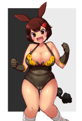 Rule 34 | &gt;:d, 10s, 1girl, :d, animal ears, bad id, bad pixiv id, bandages, bare shoulders, belly, blush, breasts, brown eyes, brown hair, cameltoe, cleavage, covered navel, creatures (company), fang, game freak, gen 5 pokemon, gloves, hair ornament, hairclip, hizuki akira, knees together feet apart, large breasts, leotard, nintendo, open mouth, personification, pignite, plump, pokemon, pokemon bw, short hair, smile, solo, standing, tail, v-shaped eyebrows
