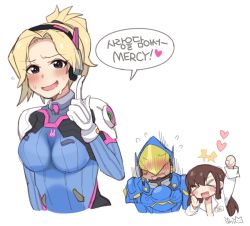 Rule 34 | &gt; &lt;, +++, 3girls, :d, animal print, arm up, armor, artist name, bad id, bad twitter id, blonde hair, blush, bodysuit, breasts, brown hair, closed eyes, commentary request, cosplay, d.va (overwatch), d.va (overwatch) (cosplay), embarrassed, expressive clothes, facial mark, flying sweatdrops, gloves, headset, heart, helmet, high ponytail, ilhi, index finger raised, korean text, long hair, medium breasts, mercy (overwatch), multiple girls, name tag, open clothes, open mouth, open shirt, overwatch, overwatch 1, pharah (overwatch), power armor, rabbit, rabbit print, shirt, shouting, signature, simple background, smile, sweat, sweatdrop, translation request, whisker markings, xd