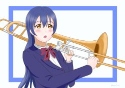 Rule 34 | 1girl, :o, absurdres, artist name, artist request, blue border, blue cardigan, blue hair, blue jacket, blush, border, bow, bowtie, breasts, buttons, cardigan, collared shirt, female focus, hair between eyes, highres, holding, holding instrument, instrument, jacket, long hair, long sleeves, looking at viewer, love live!, love live! school idol project, otonokizaka school uniform, parted lips, red neckwear, school uniform, shirt, small breasts, smile, solo, sonoda umi, striped, striped bow, trombone, upper body, white background, white shirt, wing collar, yellow eyes