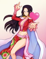 Rule 34 | 1girl, absurdres, arms up, artist name, ayat chan, black hair, blue eyes, boa hancock, commentary, cowboy shot, crop top, earrings, english commentary, frilled sleeves, frills, heart, highres, hime cut, jewelry, looking at viewer, one piece, pink nails, pink sash, pink sleeves, plunging neckline, red shirt, red skirt, sash, shirt, side slit, skirt, snake, snake earrings, solo