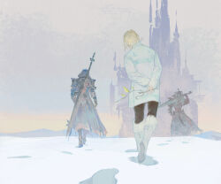 Rule 34 | 1girl, 2boys, armor, arms behind back, au ra, black footwear, black pants, black robe, blonde hair, blue sky, boots, braid, building, city, collared jacket, commentary request, dark knight (final fantasy), day, elezen, elf, facing away, final fantasy, final fantasy xiv, footprints, fray myste, from behind, full armor, gauntlets, greatsword, highres, holding, holding wand, jacket, knee boots, long sleeves, luckyia, mountainous horizon, multiple boys, outdoors, over shoulder, pants, pauldrons, pointy ears, rielle de caulignont, robe, short hair, shoulder armor, sidurgu orl, single braid, sky, snow, spire, sword, walking, wand, weapon, weapon on back, weapon over shoulder, white footwear, white jacket