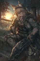 Rule 34 | 1girl, animal ear fluff, animal ears, assault rifle, blonde hair, blood, blood on arm, blood on clothes, blood on face, camouflage, camouflage jacket, camouflage pants, commission, dated commentary, feet out of frame, fox shadow puppet, gloves, grey eyes, grin, gun, headset, heterochromia, hetza (hellshock), highres, holding, holding weapon, jacket, looking at viewer, magazine (weapon), medium hair, military, military vehicle, motor vehicle, original, outdoors, pants, rifle, rocket launcher, sitting, skeb commission, sky, slit pupils, smile, solo, sun, tank, tree, twilight, weapon, yellow eyes