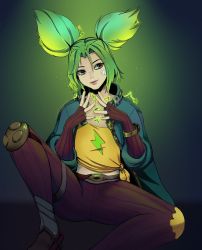 Rule 34 | 1girl, blouse, electricity, freckles, gradient background, green background, green hair, highres, league of legends, parted bangs, shirt, simple background, yellow shirt, zeri (league of legends)
