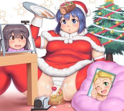Rule 34 | 3girls, blonde hair, blue eyes, blue hair, blush, breasts, brown hair, cake, character request, christmas, christmas tree, commentary request, detached sleeves, fat step-sister (orizen), food, fruit, green eyes, hair between eyes, holding, holding plate, looking at viewer, medium breasts, medium hair, monitor, multiple girls, object on head, on ground, open mouth, original, orizen, panties, plate, plump, red legwear, smile, star (symbol), starry background, strawberry, sweatdrop, thick thighs, thighhighs, thighs, underwear, webcam, white background, white panties