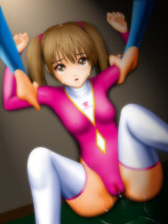 Rule 34 | 1girl, athletic leotard, breasts, brown eyes, brown hair, cameltoe, covered erect nipples, crying, crying with eyes open, drooling, dutch angle, from above, highleg, highleg leotard, highres, indoors, leg warmers, leotard, looking at viewer, matching hair/eyes, medium breasts, pink leotard, pov, pussy juice, pussy juice puddle, pussy juice trail, samejima minoru, solo focus, tears, twintails, unitard