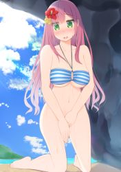 Rule 34 | 1girl, barefoot, bikini, blush, bottomless, breasts, cleavage, collarbone, covering crotch, covering privates, day, embarrassed, flower, green eyes, hair flower, hair ornament, hibiscus, highres, kneeling, large breasts, long hair, navel, ocean, pink hair, sky, solo, striped bikini, striped clothes, swimsuit, takumi1006, underboob, water, wet