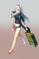Rule 34 | 10s, 1girl, :d, absurdres, aged up, arm at side, bad id, bad pixiv id, bag, black hairband, black shirt, blunt bangs, bracelet, breasts, casual, commentary request, cross, cross necklace, earrings, eromanga sensei, unworn eyewear, full body, gradient background, green eyes, green jacket, green shorts, hairband, hand up, high heels, highres, holding, holding removed eyewear, izumi sagiri, jacket, jewelry, long hair, looking at viewer, luggage, navel, necklace, open clothes, open jacket, open mouth, pinky out, red footwear, rolling suitcase, shirt, shoes, short shorts, short sleeves, shorts, shoulder bag, silver hair, smile, solo, stomach, suitcase, sunglasses, teeth, topu, walking, wrist straps