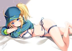 Rule 34 | 1girl, artoria pendragon (fate), azuma yuki, bad id, bad pixiv id, bare arms, barefoot, baseball cap, bed sheet, bikini, blonde hair, blue eyes, blue hat, breasts, cleavage, closed mouth, crossed arms, fate/grand order, fate (series), hair between eyes, hair through headwear, hat, head tilt, high ponytail, large breasts, long sleeves, mysterious heroine x (fate), mysterious heroine xx (fate), ponytail, side-tie bikini bottom, signature, smile, solo, swimsuit, thigh strap, twitter username, white bikini
