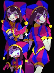 Rule 34 | brown hair, dark background, hat, highres, jester, jester cap, jester costume, jester girl, jester outfit, pomni (the amazing digital circus), striped clothes, striped headwear, sweat, takenaka1111, the amazing digital circus, vertical-striped clothes, vertical-striped headwear