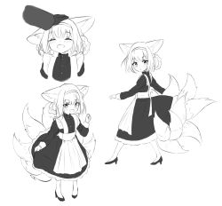 Rule 34 | 1girl, 1other, :d, ^ ^, alternate costume, animal ears, apron, arknights, artist name, blush, braid, braided hair rings, closed eyes, commentary request, doctor (arknights), dress, enmaided, fox ears, fox girl, fox tail, greyscale, hair rings, hairband, headpat, high heels, highres, juliet sleeves, kitsune, long sleeves, maid, maid day, monochrome, multiple views, open mouth, pantyhose, puffy sleeves, shoes, signature, simple background, smile, standing, suzuran (arknights), tail, twin braids, victorian maid, white background, xooku