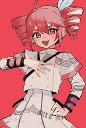 Rule 34 | cowlick, drill hair, epaulettes, grey jacket, grey skirt, hair ribbon, hand on own chest, hand on own hip, highres, jacket, kasane teto, kasane teto (sv), looking at viewer, red background, red hair, ribbon, skirt, smile, synthesizer v, twin drills, utau, v-shaped eyebrows, wai. (y 7087), white ribbon