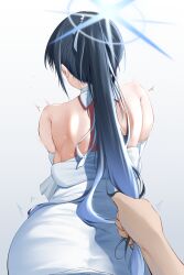 Rule 34 | 1boy, 1girl, absurdres, back, bare shoulders, black hair, blue archive, bow, breasts, clothes lift, dress, dress lift, from behind, grabbing another&#039;s hair, halo, hetero, highres, implied sex, j.c.14, large breasts, long hair, out-of-frame censoring, ponytail, pov, saori (blue archive), saori (dress) (blue archive), sideboob, simple background, skindentation, sweat, white background, white bow, white dress