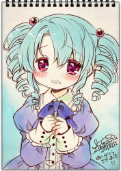 Rule 34 | 1girl, blue bow, blue dress, blue hair, blush, bow, commentary request, copyright request, dated, dress, drill hair, hair between eyes, hands up, juliet sleeves, long hair, long sleeves, looking at viewer, parted bangs, parted lips, puffy sleeves, purple eyes, sakurazawa izumi, sidelocks, signature, sleeves past wrists, solo, tears, translation request, twin drills, twintails, wavy mouth