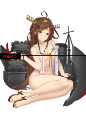 Rule 34 | 10s, 1girl, absurdres, ahoge, arm support, bad feet, bare shoulders, bottomless, braid, breasts, brown eyes, brown hair, censored, character name, collarbone, half-closed eyes, highres, kantai collection, kongou (kancolle), long hair, matching hair/eyes, medium breasts, navel, no panties, simple background, sitting, solo, turret, very long hair, white background, yokozuwari, zxj