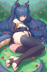 Rule 34 | 1girl, ass, bare shoulders, big hair, black gloves, black panties, black thighhighs, blue hair, blue nails, blush, bokuboyarts, breasts, bridal gauntlets, bridal legwear, brown eyes, bush, chest strap, commission, dragon girl, dragon horns, dragon tail, elbow gloves, feet, flower, full body, gloves, grass, grin, hair over one eye, hair spread out, hand on own leg, highres, horns, kaida umi (dragoaman), large breasts, legs, legs together, long hair, long tail, looking at viewer, lying, multicolored hair, nail polish, no shoes, on grass, on side, one eye closed, original, outdoors, panties, red hair, rose, slit pupils, smile, solo, stirrup legwear, streaked hair, swept bangs, tail, teeth, thighhighs, thighs, toeless legwear, toes, twintails, underwear, v-shaped eyebrows, very long hair
