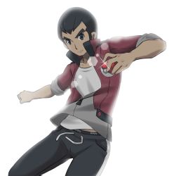 Rule 34 | 1boy, black eyes, black hair, black pants, closed mouth, commentary request, creatures (company), frown, game freak, glint, holding, holding poke ball, jacket, kashi kosugi, lens flare, male focus, nintendo, norman (pokemon), outstretched arm, pants, partially unzipped, poke ball, poke ball (basic), pokemon, pokemon oras, red jacket, shirt, short hair, solo, white shirt, zipper pull tab