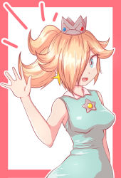 Rule 34 | 1girl, :d, alternate costume, alternate hairstyle, bare arms, blue eyes, border, breasts, bright pupils, brooch, crown, dress, earrings, eyelashes, hair over one eye, hand up, jewelry, kurachi mizuki, looking at viewer, mario (series), mario tennis, mario tennis: ultra smash, medium breasts, medium hair, nintendo, notice lines, open hand, open mouth, outline, pink border, ponytail, rosalina, sleeveless, sleeveless dress, smile, solo, star (symbol), star earrings, upper body, waving, white background, white outline, white pupils