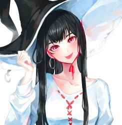 Rule 34 | 1girl, :p, absurdres, black hair, black hat, dress, earrings, hat, head tilt, highres, hoop earrings, jewelry, long sleeves, looking at viewer, lumeru 33, original, simple background, smile, solo, tongue, tongue out, two-sided fabric, two-sided headwear, white background, white dress, witch, witch hat