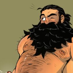 Rule 34 | 1boy, bara, beard, completely nude, dantesrealm, dungeon meshi, dwarf, facial hair, full beard, hairy, long beard, looking to the side, male focus, mature male, muscular, muscular male, mustache, navel, navel hair, nipples, nude, one eye closed, out-of-frame censoring, paid reward available, penis out of frame, senshi (dungeon meshi), solo, stomach, thick beard, thick chest hair, thick mustache, thick navel hair, very long beard