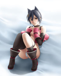 Rule 34 | 10s, 1girl, arm warmers, asymmetrical legwear, black thighhighs, blue hair, blush, boots, breasts squeezed together, breasts, brown eyes, choker, collarbone, covering privates, covering breasts, gloves, god eater, god eater 2: rage burst, hair ornament, hairclip, kouzuki nana, lying, on back, panties, pink gloves, shadow, short hair, single thighhigh, solo, thigh strap, thighhighs, thor (deep rising), underboob, underwear, uneven legwear, vest, white panties