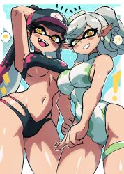 Rule 34 | !, + +, absurdres, arm behind head, armpits, bare shoulders, baseball cap, bikini, black bikini, black hair, black headwear, blue sky, blush stickers, border, breasts, callie (splatoon), cephalopod eyes, closed mouth, cousins, cowboy shot, cross-shaped pupils, day, domino mask, earrings, from below, grey hair, hair ornament, hat, heart, highres, jewelry, large breasts, long hair, looking at viewer, marie (splatoon), mask, mole, mole under eye, navel, nintendo, one-piece swimsuit, open mouth, outline, pointy ears, shiny skin, sky, smile, splatoon (series), splatoon 1, spoken heart, spoken sparkle, squid girl, standing, swimsuit, symbol-shaped pupils, teeth, tentacle hair, thigh strap, tongue, tony welt, twintails, underboob, upper teeth only, white border, white outline, yellow eyes