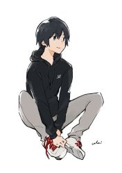 Rule 34 | 10s, 1boy, black hair, black hoodie, blue eyes, commentary request, darling in the franxx, grey pants, hiro (darling in the franxx), hood, hoodie, male focus, pants, shoes, short hair, signature, sitting, sneakers, solo, ukipenguin, white footwear
