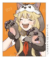 Rule 34 | 1girl, animal hands, animal hood, blonde hair, blush, commentary, fangs, fur trim, gloves, hair flaps, hair ornament, hairclip, halloween, halloween costume, hood, hood up, kantai collection, long hair, neckerchief, official alternate costume, open mouth, paw gloves, red neckerchief, sailor collar, school uniform, serafuku, short sleeves, simple background, solo, sukekiyo (skky 0), symbol-only commentary, trick or treat, upper body, white sailor collar, yuudachi (kancolle), yuudachi kai ni (kancolle)
