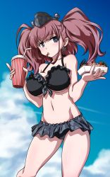 Rule 34 | 1girl, 547th sy, atlanta (kancolle), bikini, bikini skirt, black bikini, black hat, blue sky, breasts, brown hair, cloud, commentary request, day, drinking straw, earrings, feet out of frame, food, frilled bikini, frills, garrison cap, grey eyes, hat, highres, jewelry, kantai collection, large breasts, leaning forward, long hair, outdoors, shrimp, sky, solo, standing, star (symbol), star earrings, swimsuit, tumbler, two side up
