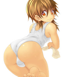 Rule 34 | 1boy, androgynous, ass, brown hair, bulge, crossdressing, from behind, icicle (circle), looking back, male focus, one-piece swimsuit, original, red eyes, simple background, solo, swimsuit, trap, white one-piece swimsuit