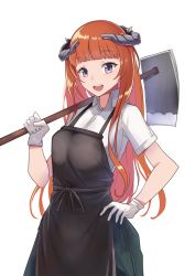 Rule 34 | 1girl, :d, alternate costume, apron, arknights, bagpipe (arknights), black apron, commentary request, cowboy shot, gloves, grey eyes, hand on own hip, hand up, hoe, holding, horns, long hair, looking at viewer, open mouth, orange hair, shirt, simple background, smile, solo, standing, very long hair, white background, white gloves, white shirt, wing collar, yuzuruka (bougainvillea)