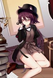 Rule 34 | 1girl, absurdres, animal ears, antique phone, arknights, ateoyh, bad id, bad pixiv id, black bow, black bowtie, black coat, black gloves, black hat, black socks, book, book stack, bow, bowtie, brown footwear, brown shirt, cat ears, cat tail, chinese commentary, coat, commentary request, gloves, half gloves, hand up, hat, highres, jacket, jewelry, light blush, long hair, long sleeves, looking down, low ponytail, melantha (arknights), melantha (letters from wessex) (arknights), official alternate costume, on floor, open clothes, open jacket, partial commentary, pendant, phone, purple hair, red eyes, sash, shirt, shoes, sitting, socks, solo, tail, thighs, undershirt, very long hair, white shirt